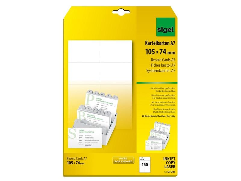 Sigel Fiches A7 (A4), 20 feuilles, 185 g, blanc