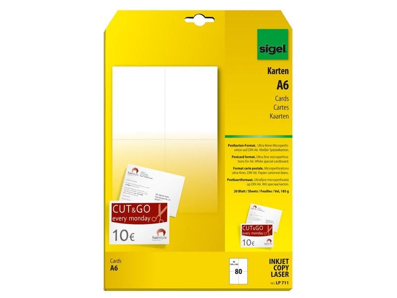 Sigel Carte postale A6 (A4), 20 feuilles, 185 g, blanc