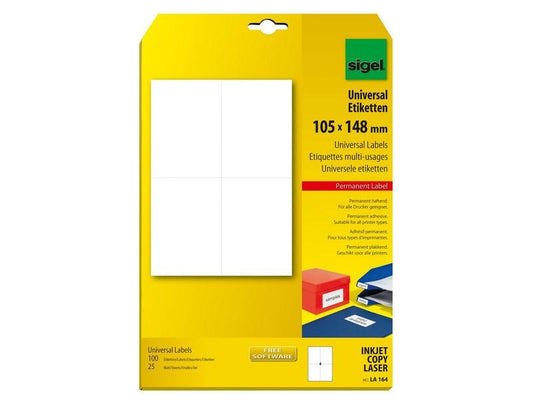 Sigel Étiquettes universelles 10.5 x 14.8 cm, 25 feuilles, blanc