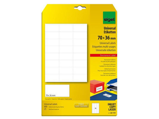 Sigel Étiquettes universelles 70 x 3.6 cm, 25 feuilles, blanc