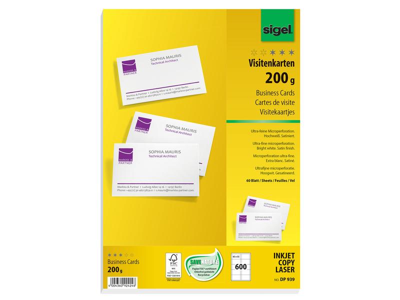 Sigel Étiquettes de cartes de visite 8.5 x 5.5 cm, 60 feuilles, 200 g, blanc