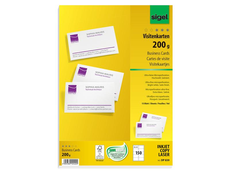 Sigel Étiquettes de cartes de visite 8.5 x 5.5 cm, 15 feuilles, 200 g, blanc