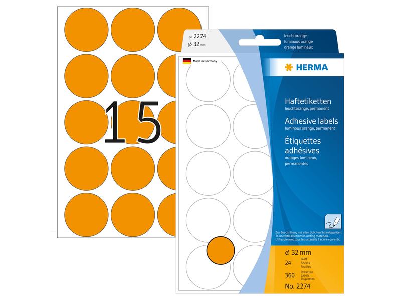 HERMA Étiquettes multi-usage 2274 Orange lumineux Ø 32 mm, 24 feuille