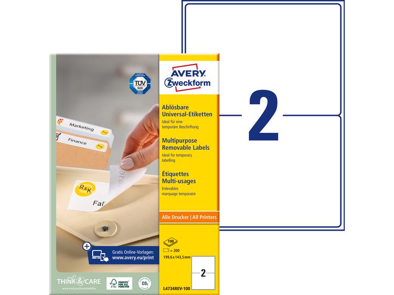 Avery Zweckform Étiquettes universelles Stick + Lift 199 x 143.5 mm, 100 feuille