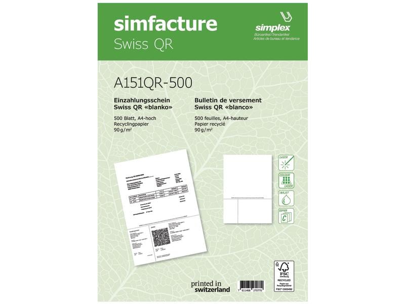 Simplex Bulletin de versement Simfacture Swiss QR Recycling 500 feuilles