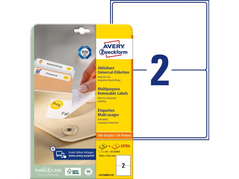 Avery Zweckform Étiquettes universelles Stick + Lift 199.6 x 143.5 mm, 30 feuille