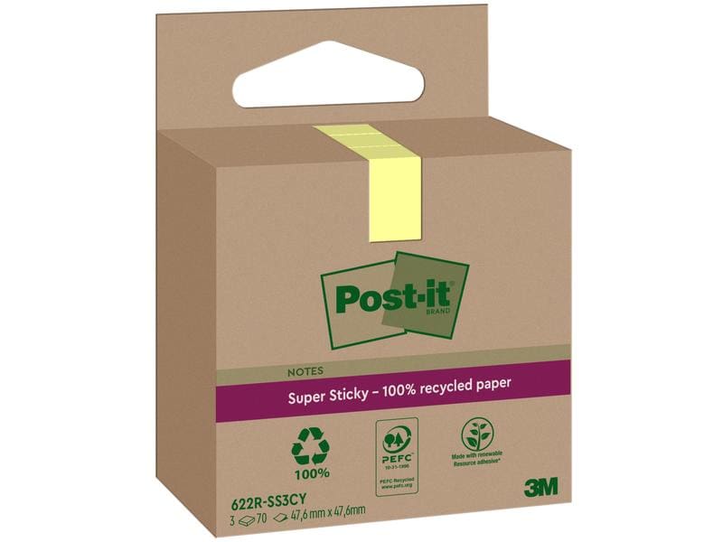 Post-it Fiche de bloc-notes Super Sticky Recycling, Jaune, 3 blocs