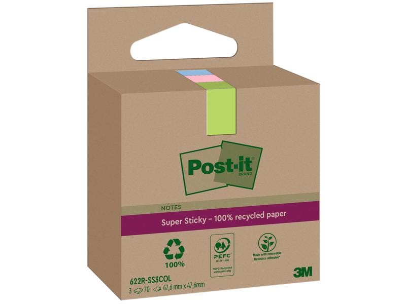 Post-it Fiche de bloc-notes Super Sticky Recycling, Multicolore, 3 blocs