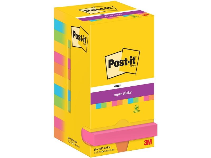 Post-it Fiche de bloc-notes Super Sticky 76 x 76 mm, Multicolore, 12 blocs