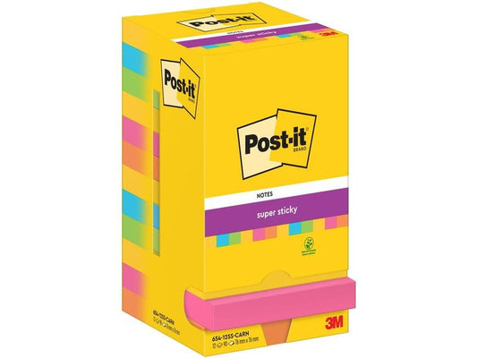 Post-it Fiche de bloc-notes Super Sticky 76 x 76 mm, Multicolore, 12 blocs