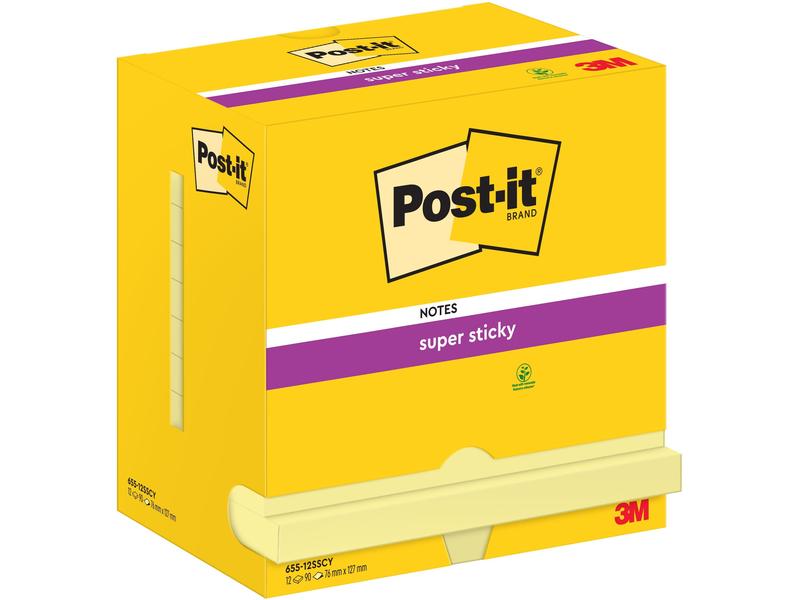 Post-it Fiche de bloc-notes Super Sticky 76 x 127 mm, Jaune, 12 blocs