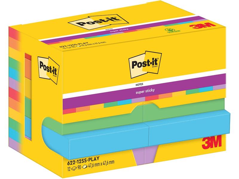 Post-it Fiche de bloc-notes Super Sticky 47 x 47 mm, Playful, 12 blocs