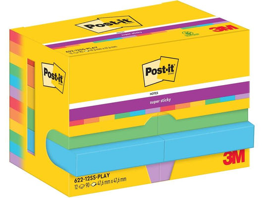 Post-it Fiche de bloc-notes Super Sticky 47 x 47 mm, Playful, 12 blocs
