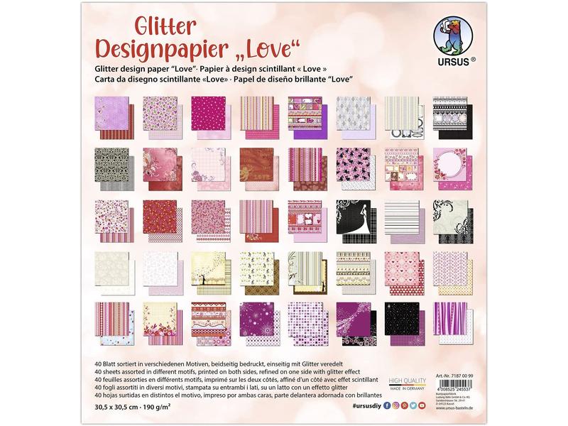 URSUS Papier de fantaisie Glitter Love 40 feuilles, 190 g/m