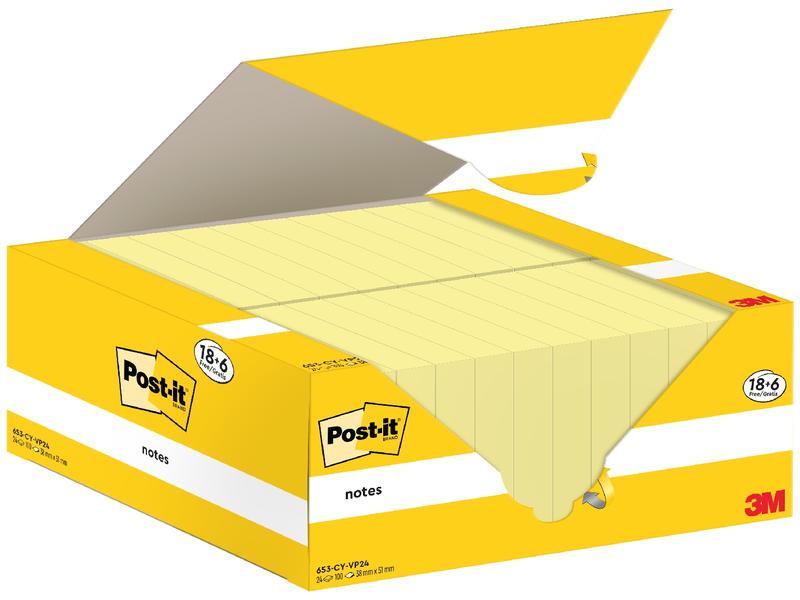Post-it Fiche de bloc-notes 3M, 38 x 51 mm, 18+6 blocs, jaune