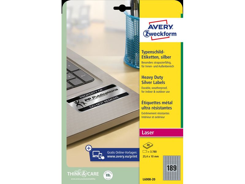 Avery Zweckform Étiquettes de plaque signalétique L6008-20 25,4 x 10 mm