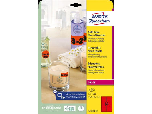 Avery Zweckform Étiquettes multi-usage 99.1 x 38.1 mm, 25 feuilles, rouge fluo