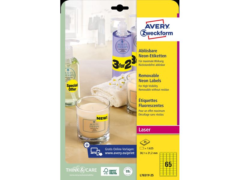 Avery Zweckform Étiquettes multi-usage 38.1 x 21.2 mm, 25 feuilles, jaune fluo