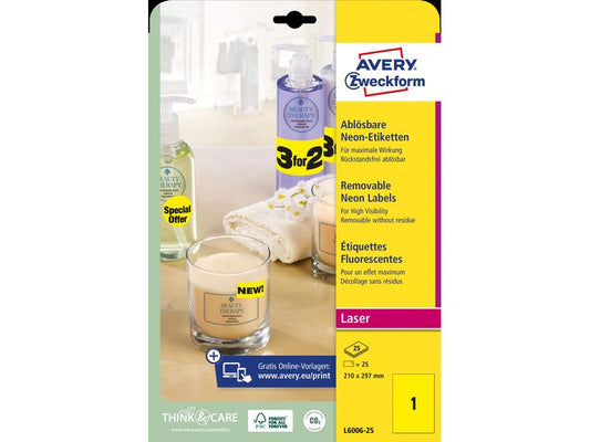 Avery Zweckform Étiquettes multi-usage 210 x 297 mm, 25 feuilles, jaune fluo