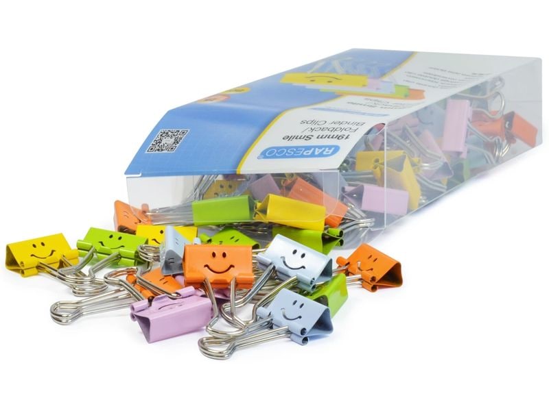 Rapesco Pince métallique Smiley foldback, couleurs assorties, 80 pièces