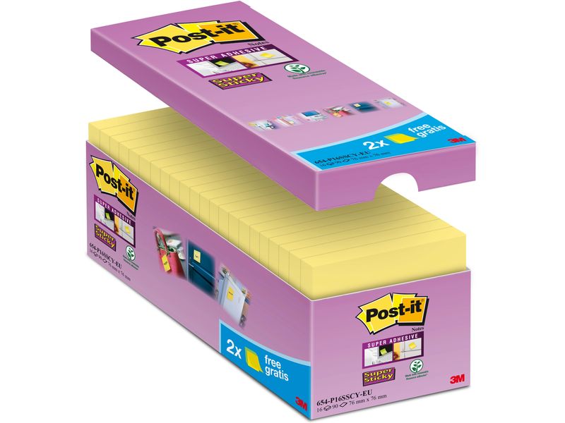Post-it Fiche de bloc-notes Super Sticky 16 blocs, 7,6 cm x 7,6 cm, Jaune