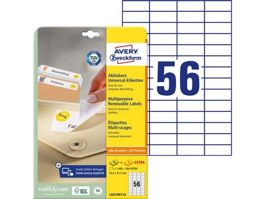 Avery Zweckform Étiquettes universelles L6027REV-25, 52.5 x 21.2 mm, 30 feuille
