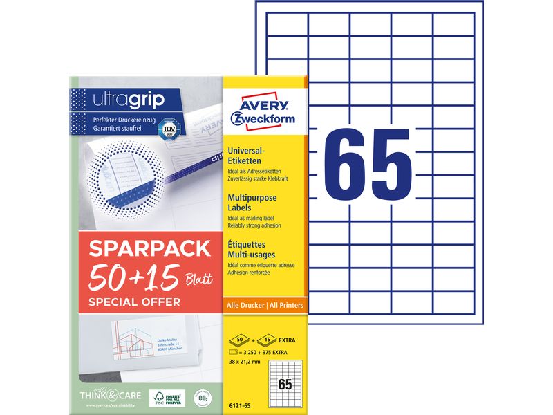 Avery Zweckform Étiquettes universelles 6121-65, 38 x 21.2 mm, 65 feuille