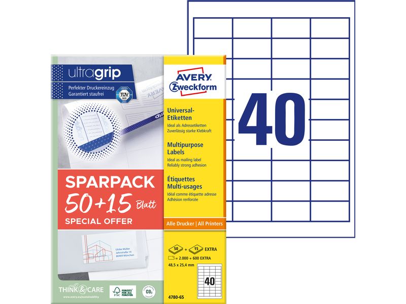 Avery Zweckform Étiquettes universelles 4780-65, 48.5 x 25.4 mm, 65 feuille