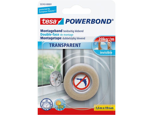tesa Ruban de montage Powerbond transparent, 1.5m x 19 mm