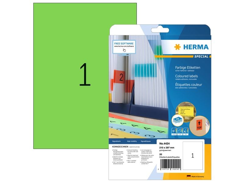 HERMA Étiquettes universelles A4 détachable 210 x 297 mm Vert, 20 feuilles
