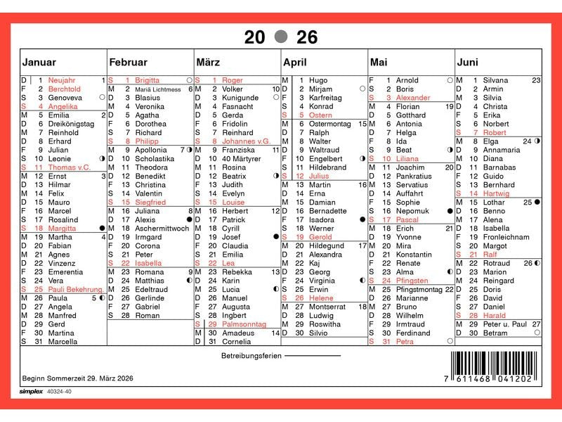 Simplex Calendrier avec les anniversaires A5 paysage, 2026
