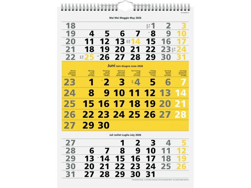 Simplex calendario di 3 mesi avec reliure à spirale 2026, 31 x 40 cm, jaune