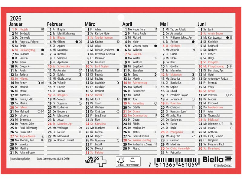 Biella Calendario della lavagna 16.5 x 11.5 cm, 6 mois par page