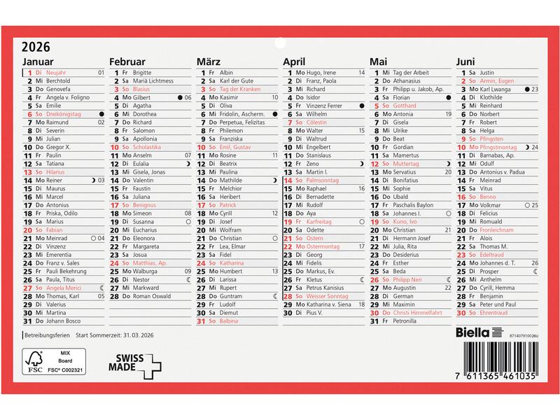 Biella Calendrier tableau A5, 6 mois par page