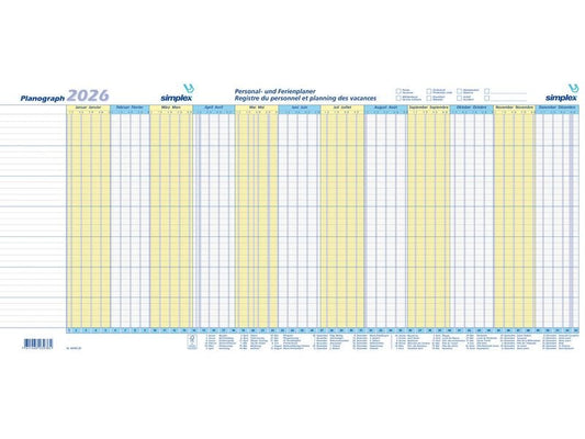 Simplex Pianificatore annuale Planographe 2026, 64 x 29.6 cm, 10 pièces