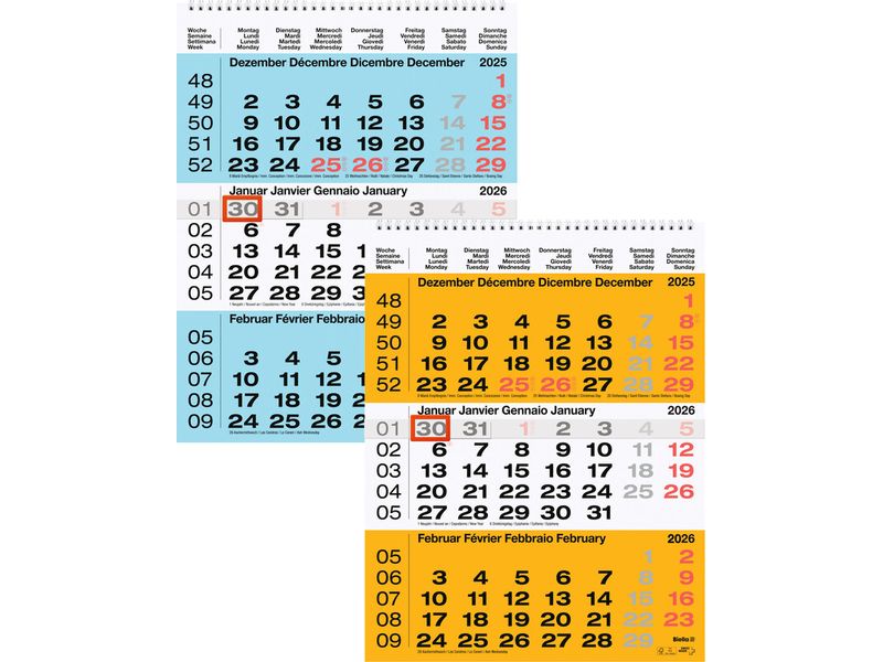 Biella calendario di 3 mesi 2026 31 x 40 cm, jaune