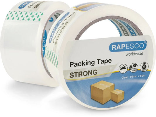 Rapesco ruban d'emballage solide 50 mm x 60 m, transparent, 2 pièces