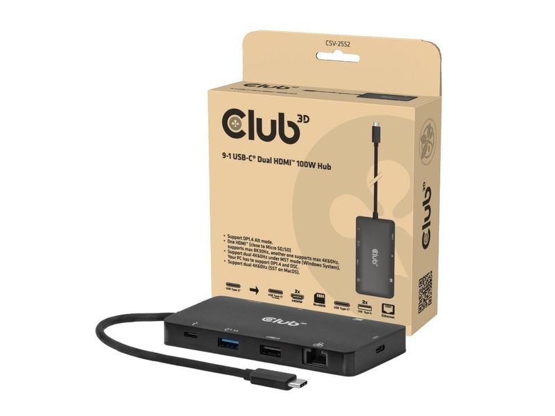 Club 3D Station d'accueil CSV-2552 9-1 Hub USB-C double HDMI 100W