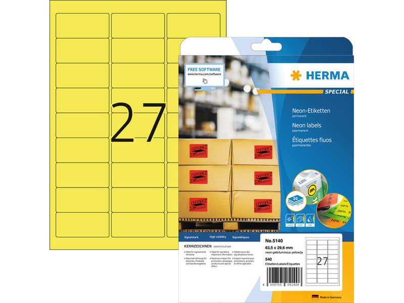 HERMA Étiquettes en néon A4 63.5 x 29.6 mm, jaune fluo, 540 pièces