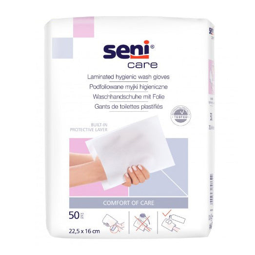 Gants de toilette plastifiés Seni Care - paquet de 50 pièces 22,5 x 16 cm pour soins d'hygiène en cabinet médical