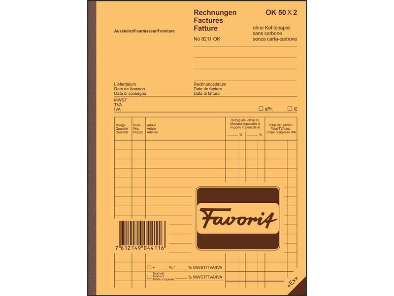 Favorit Bloc autocopiant 156 x 210 mm Factures, 50 x 2 feuilles