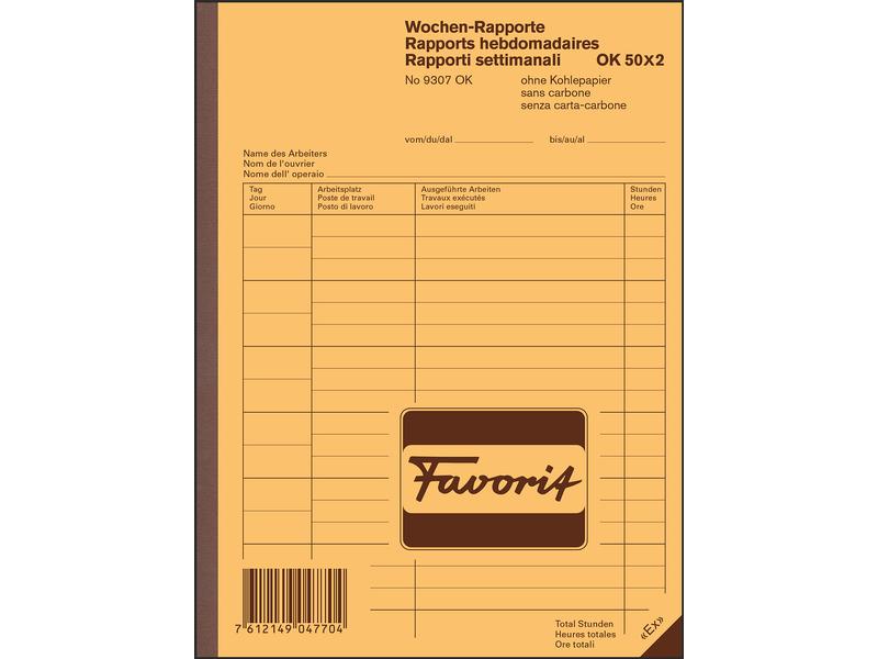 Favorit Bloc autocopiant 156 x 210 mm, Rapports hebdomadaires