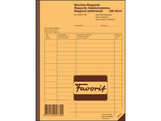 Favorit Bloc autocopiant 156 x 210 mm, Rapports hebdomadaires