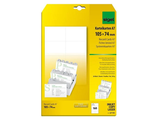 Sigel Fiches A7 (A4), 20 feuilles, 185 g, blanc