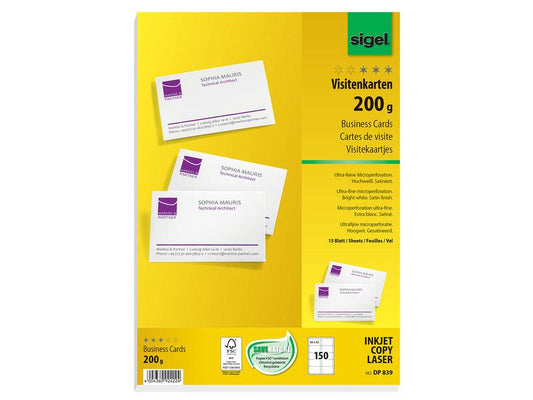 Sigel Étiquettes de cartes de visite 8.5 x 5.5 cm, 15 feuilles, 200 g, blanc