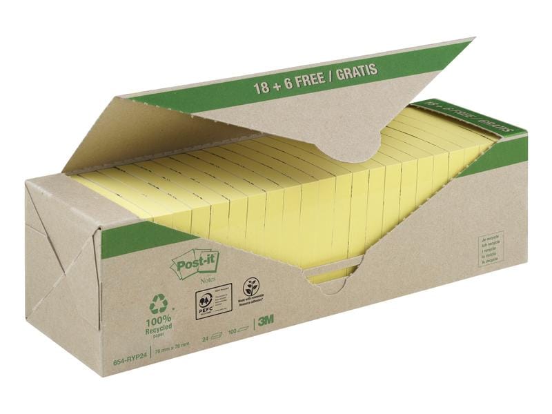 Post-it Fiche de bloc-notes Post-it Recycling Jaune, 7,6 cm x 7,6 cm
