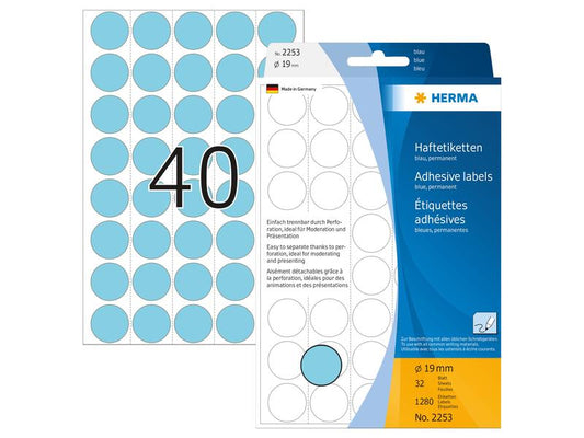 HERMA Étiquettes multi-usage 2253 Bleu Ø 19 mm, 32 feuille