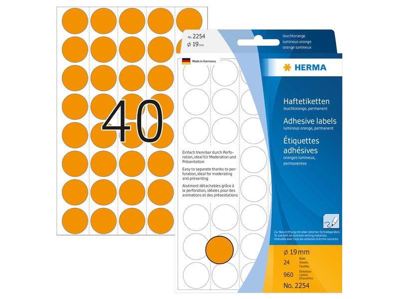 HERMA Étiquettes multi-usage 2254 Orange lumineux Ø 19 mm, 24 feuille