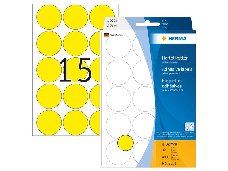 HERMA Étiquettes multi-usage 2271 Jaune Ø 32 mm, 32 feuille
