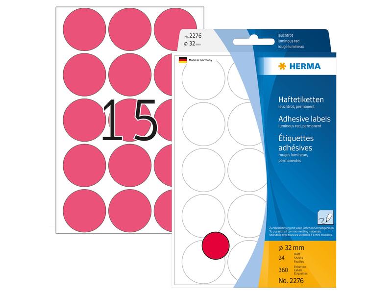 HERMA Étiquettes multi-usage 2276 Rouge lumineux Ø 32 mm, 24 feuille